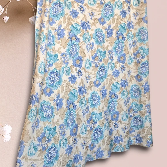 Linen Skirt, Pale Gold & Blue Floral Midi, Shabby Casual Cottagecore Coquette - Picture 2 of 10